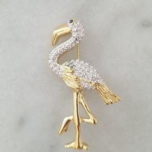 Gold and rhinestone flamingo brooch